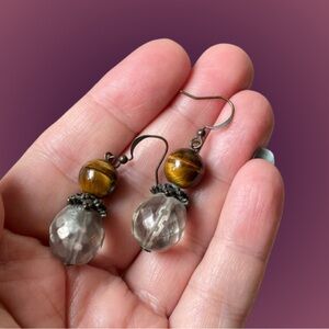 Vintage tiger’s eye & faceted glass (?) dangle earrings boho unmarked